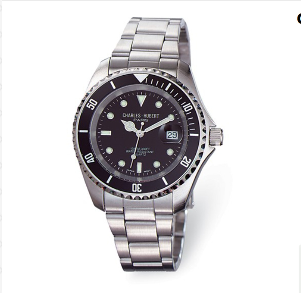 Charles-Hubert Black Diver Paris Mens Stainless Steel Quartz Watch #3661